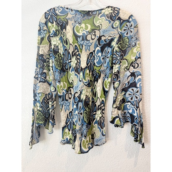 Y2K Charlotte Russe Floral Women Phoebe Buffay Green Blue Bell Sleeves Size L - Picture 4 of 11